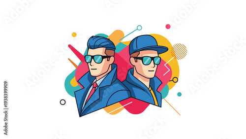 Two stylish men wearing blue overcoats and sunglasses posing against a vibrant abstract background with colorful geometric shapes and lines.