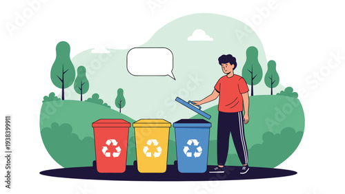 Young man in a red shirt recycling waste by placing it into various colored bins in a park setting with a blank speech bubble above his head.