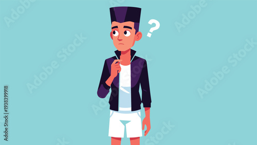 Puzzled young man with a high hairstyle and purple jacket looking up with a white question mark beside his head on a teal background.