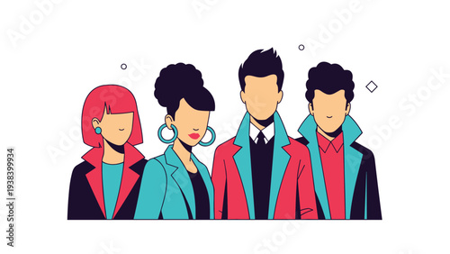 Group of four fashionably dressed faceless characters wearing colorful coats and professional attire standing together on a white background.