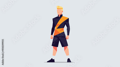 Stylized blonde male character wearing a futuristic black and orange geometric athletic outfit and standing confidently on a gray background.