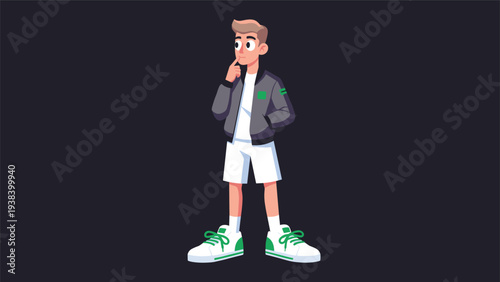 Pensive young man with blonde hair wearing a gray jacket and white shorts looking thoughtfully to the side against a dark black background.