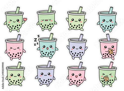 Colorful cartoon bubble tea characters.