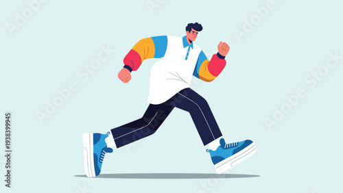 Dynamic illustration of a man running with colorful patchwork sleeves on his shirt and dark athletic pants against a light blue background.