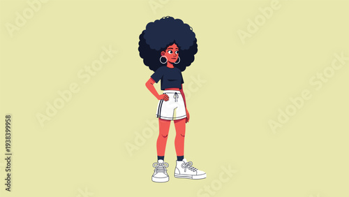 Stylish black woman with a large afro hairstyle wearing a black crop top and white athletic shorts posing on a plain yellow background.