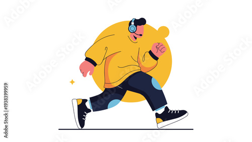 Energetic man with headphones and a microphone running across a white background with a large yellow circle and small decorative elements.