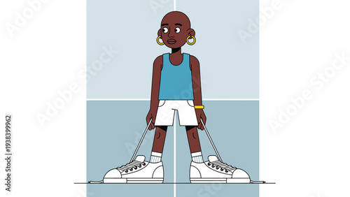 Small bald black child wearing a blue tank top and white shorts standing with extremely large oversized white sneakers on a blue background.