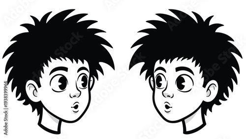 Two black and white cartoon sketches of a boy's head with messy spiky hair and an surprised facial expression looking in different directions.