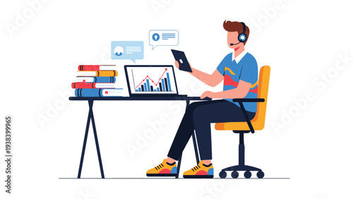 Young man working remotely at a desk with a laptop displaying a growth chart, books, and a tablet while using a headset and microphone.