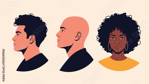 Set of three human head profiles in side view including a curly haired man, a bald man, and a black woman with a large afro hairstyle.