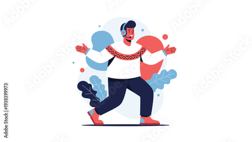 Happy man with a headset and microphone standing with arms wide open in front of colorful abstract shapes and blue leaves on a white background.