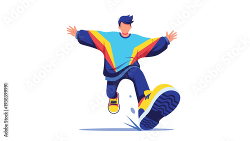 Dynamic illustration of a man leaping forward with arms wide wearing a bright colorful sweater and blue pants on a clean white background.