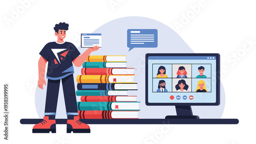 Man standing by a stack of books and a computer screen with video call participants while holding a digital document or presentation card.