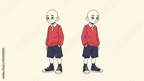 Pair of identical cartoon illustrations of a sad bald boy wearing a red polo shirt and navy shorts on a light background.