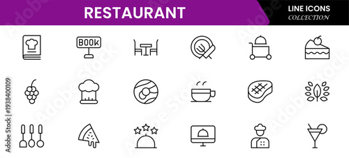 Restaurant line icons set. Restaurant, menu, cooking, drink, chef, table, cafeteria, wine, dish, and eating. Vector illustration