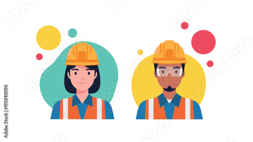 Portraits of a male and female construction worker wearing yellow hard hats and orange safety vests on a colorful background.