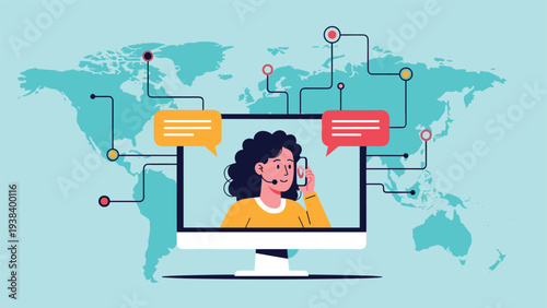 Illustration of a female customer support agent on a computer screen placed over a blue world map with network connections.