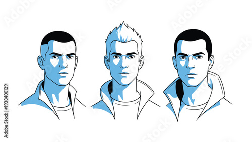 Three portraits of the same young man with different hairstyles shaded in blue showing a range of modern hair fashion styles.