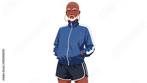 Character illustration of a bald woman with a white beard wearing a blue athletic tracksuit on a clean white background.