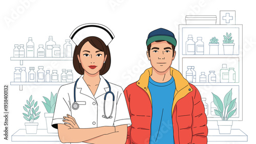 Female nurse in a professional white uniform stands next to a young man in a red jacket in front of a pharmacy shelf background.