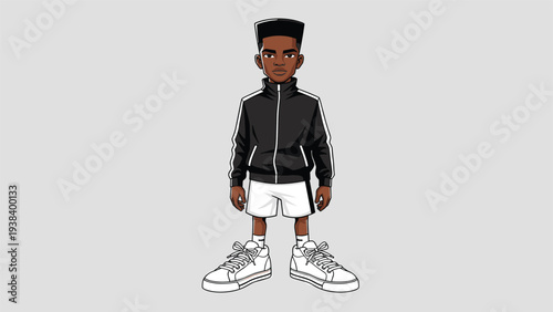 Stylized cartoon portrait of a young man with a high top fade wearing a black tracksuit and large white sneakers on gray.