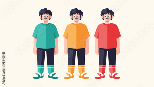 Trio of identical cartoon boys with dark curly hair wearing different colored t-shirts and sandals against a beige background.