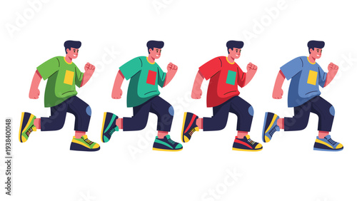 Four identical cartoon men running in a line wearing different colored t-shirts with a square graphic on a white background.