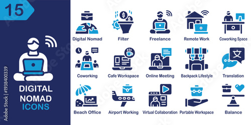 Digital Nomad solid icons collection. Containing digital, nomad, remote, work, freelance, laptop, travel and more. Solid vector icons collection. Vector Illustration.