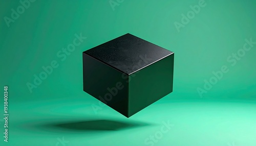 Black cube floats in bright studio lighting against a green background, casting a soft shadow
