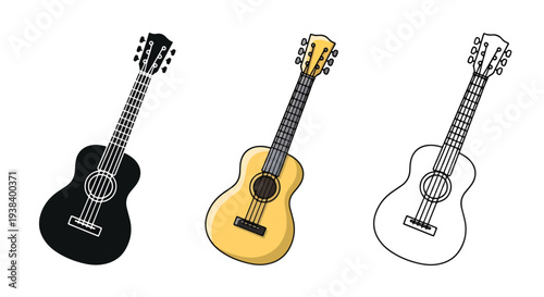Three acoustic guitars vector icon set - SVG and PNG icons - Vector Icons and Stickers - PNG, SVG, EPS - Glyph and solid icon set - Icon vector - Icon Silhouette - Clipart