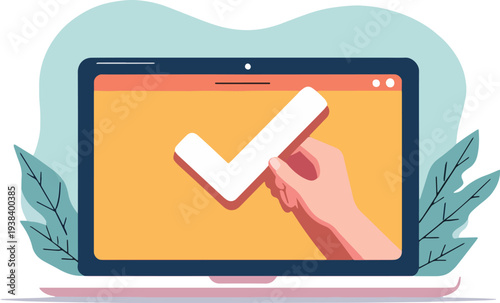 Finestra del browser dell'elenco di controllo. Segno di spunta. Segno di spunta bianco sullo schermo del laptop. Scelta, concetti di indagine. Elementi per banner web, siti web, vettoriale