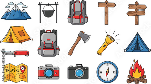 Camping and Outdoor Adventure Icon Set with Tent Backpack Campfire Compass Camera Axe Flashlight Map Hiking Travel Vector Collection