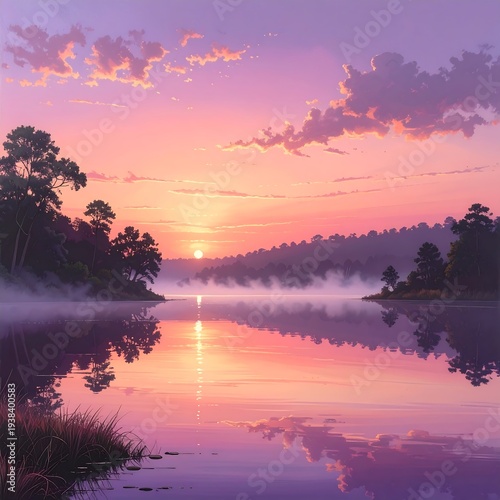 A serene lake at sunset with vibrant purple and pink hues