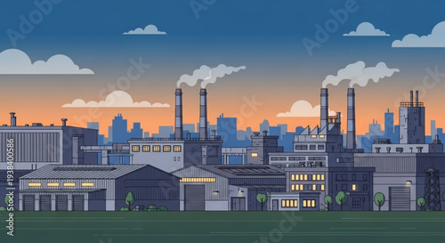 Industrial Landscape with Factories and Chimneys at Sunset.