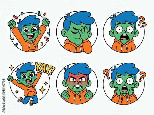 A set of six cartoon zombie emoticons.