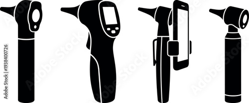 Set of Otoscope Vector Icons for Ear Examination, Medical Diagnostic Tools and Digital Ear Scopes