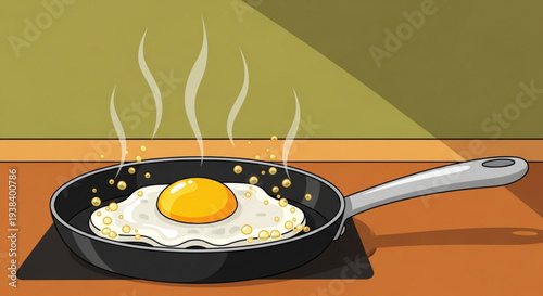 Fried egg cooking in a hot pan on a stovetop with steam rising sunny side up breakfast