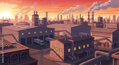 Industrial Landscape with Factories and Chimneys at Sunset.