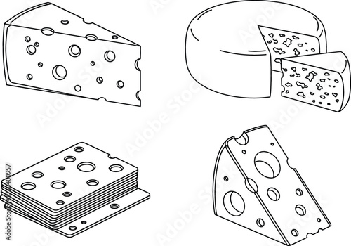 Cheese Varieties Line Art Illustration Set with Swiss Cheese Wedges, Cheese Block Slices and Round Cheese Wheel Dairy Food Collection