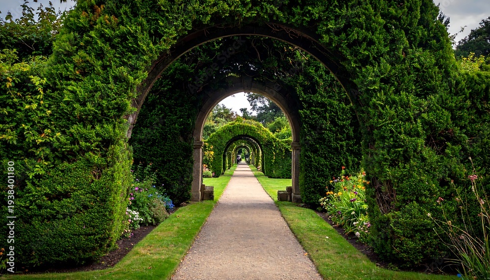 Fototapeta premium Tunnel of trimmed bushes over a stone path, lush green landscape view through a garden archway
