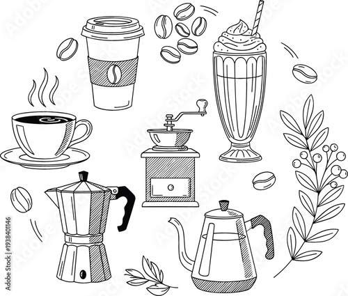 Coffee Brewing and Beverage Preparation Line Art Icon Set with Coffee Cup, Beans, Grinder, Moka Pot, Kettle, Milkshake and Botanical Elements