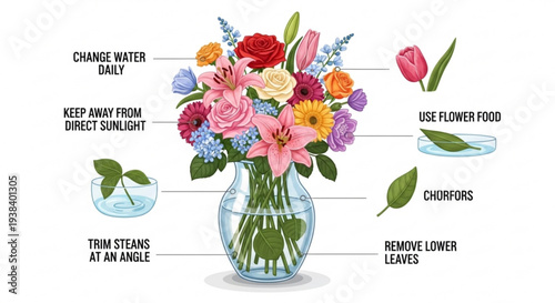 Colorful bouquet in glass vase with flower care tips fresh cut flowers in decorative vase with instructions