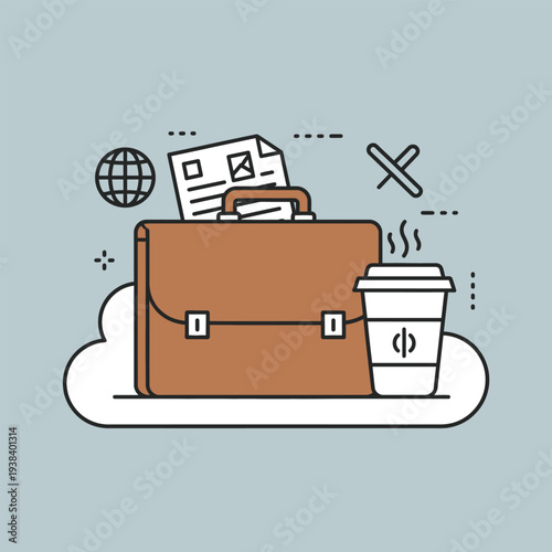 Business Briefcase with Coffee and Travel Elements.