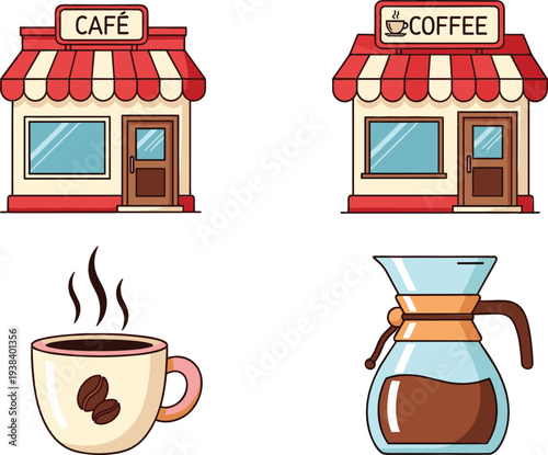 Coffee Shop and Cafe Beverage Icon Set with Cafe Storefront Hot Coffee Cup Beans and Glass Coffee Pot Flat Vector Collection