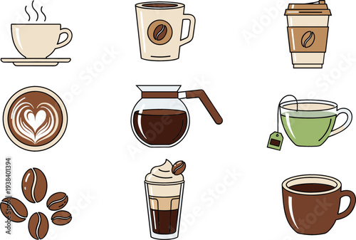 Coffee and Hot Beverage Icon Set with Coffee Cups Latte Art Beans Takeaway Cup Tea and Coffee Pot Flat Vector Collection