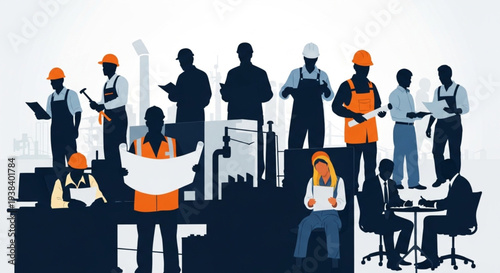 Diverse group of construction workers collaborating on a project.