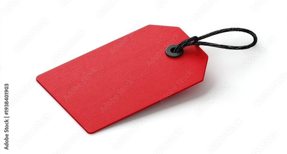 Fototapeta premium A vibrant red blank rectangular price tag with a black string, isolated on white