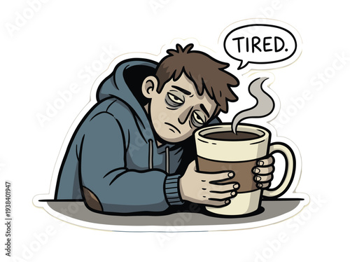 Cartoon man feeling tired with coffee.