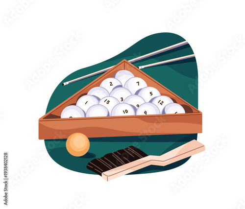 Pool balls, clues and rack. Professional snooker tools for sports competitions, games. Different equipment and accessories to play billiards. Flat isolated vector illustration on white background