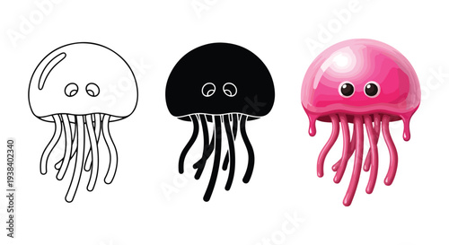 Cute jellyfish icons set vector illustration - Clipart, logo template - Vector icon set - Glyph and solid icon set - Icon vector - Flat Design Icon - line icon set - Silhouette icon - Logo vector
